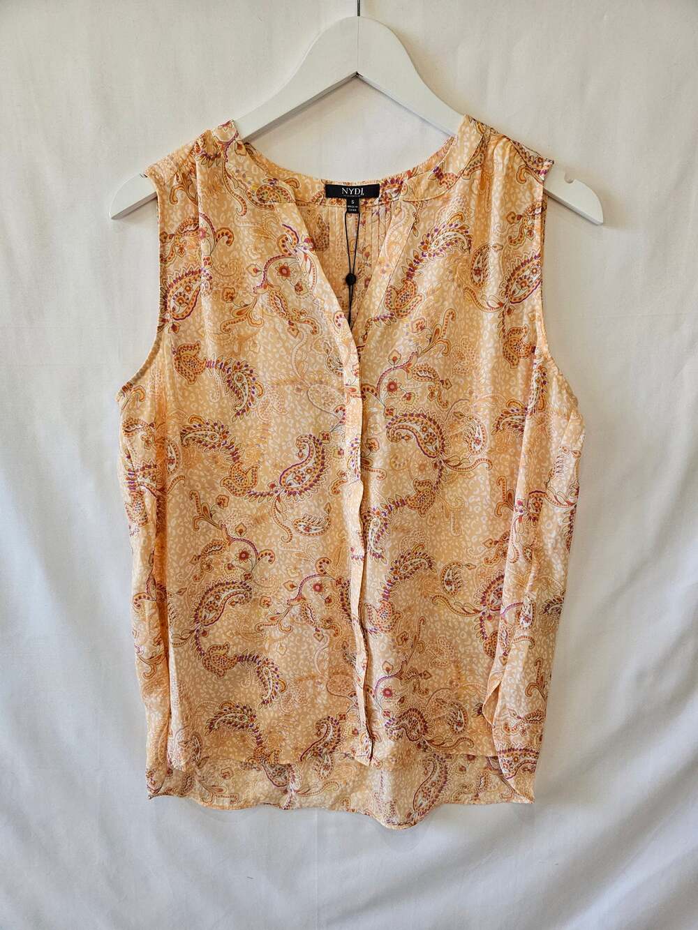 NYDJ Sleeveless Pintuck Paisley Sheer Blouse Orange Small